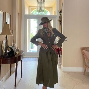 Stylish hunter Green Maxi Skirt, curdoroy blazer and hat 3 items